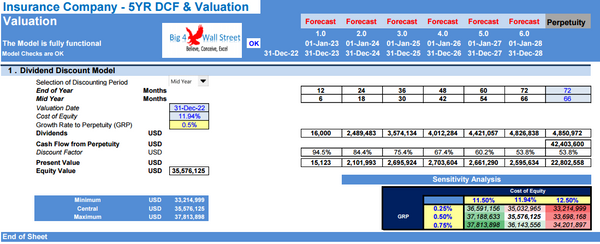 Insurance Company Financial Model - 5YR DCF & Valuation