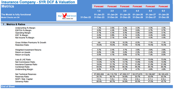 Insurance Company Financial Model - 5YR DCF & Valuation