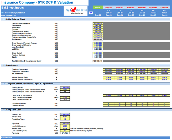 Insurance Company Financial Model - 5YR DCF & Valuation