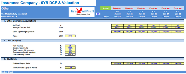 Insurance Company Financial Model - 5YR DCF & Valuation