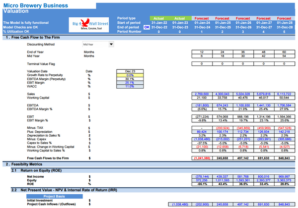 Micro-Brewery Business Financial Model (10+ Yrs. DCF and Valuation)