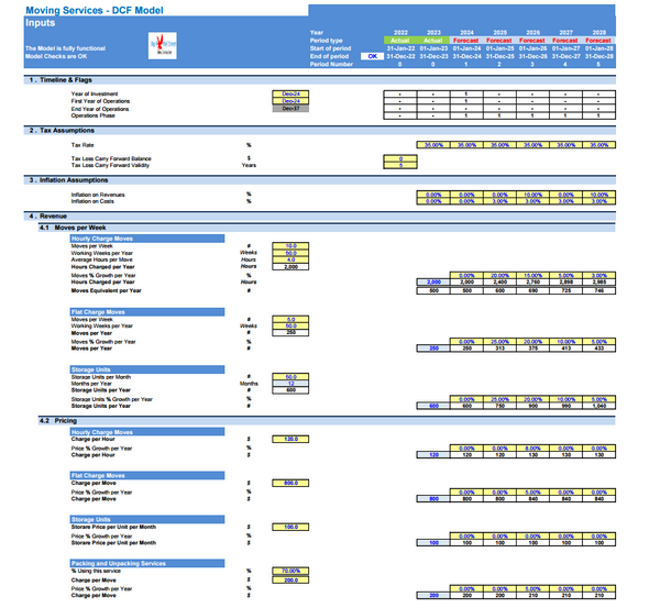 Moving Services Business Financial Model (10+ Yrs DCF and Valuation)