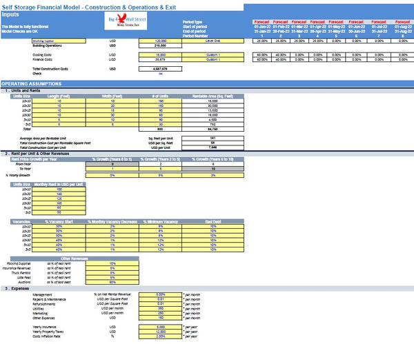 Self Storage Financial Model (Construction, Operations & Exit)