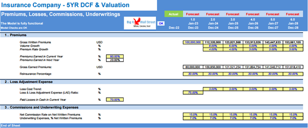 Insurance Company Financial Model - 5YR DCF & Valuation