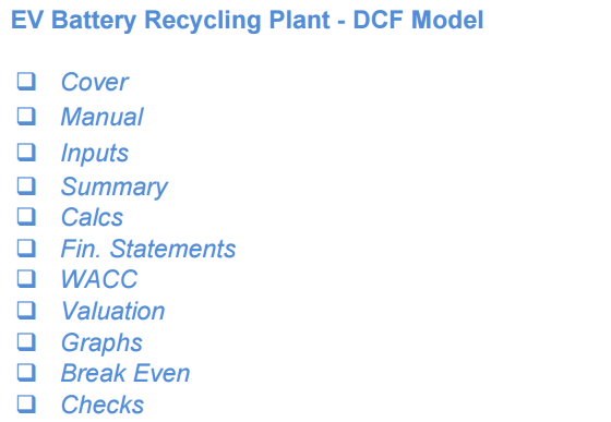 EV Battery Recycling Plant Financial Model (10+ Yrs DCF and Valuation)