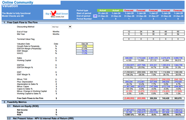 Online Community Business Financial Model (10+ Yrs. DCF and Valuation)